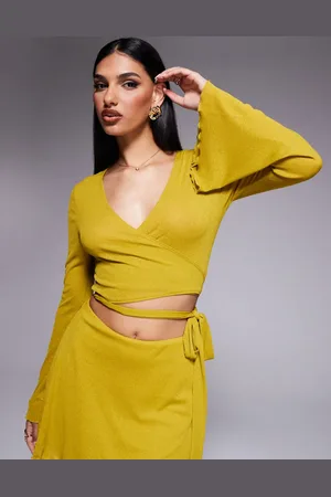 ASOS Chartreusefarvet top med flagrende ærmer og slå-om-snit foran i mesh - Del af sæt-Grøn
