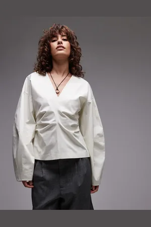 Topshop Ecrufarvet top med indsyet talje og tøndeformede ærmer-Hvid