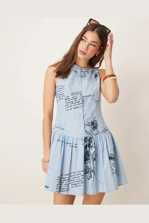 ASOS Blå minikjole med blomstermønster og sænket talje samt knapper og smal halsudskæring-Multifarvet