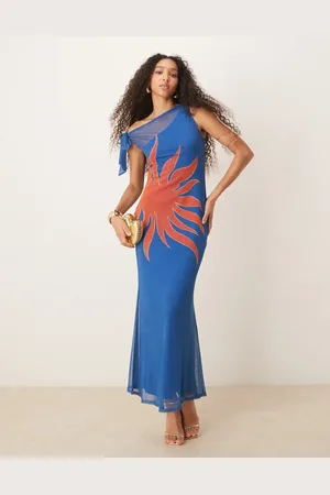 Never Fully Dressed Blå asymmetrisk offshoulder-maxikjole med solprint