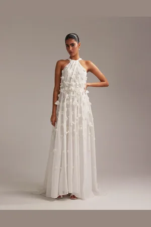 ASOS Elfenbensfarvet og iøjnefaldende maxi-brudekjole med halterneck og 3D blomster-Hvid