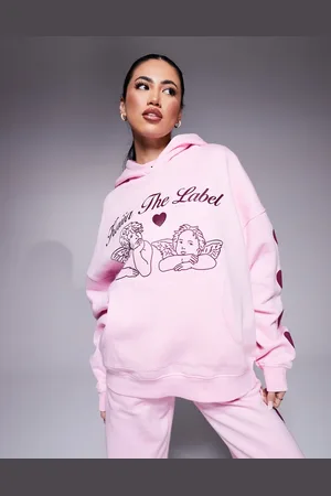 Kaiia Pink oversized hættetrøje med bordeaux englelogo og hævet hjertedesign på ærmerne - Del af sæt-Lyserød