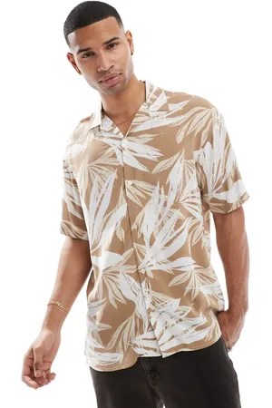 JACK & JONES Beige og kortærmet skjorte med reverskrave og tropisk print-Neutral