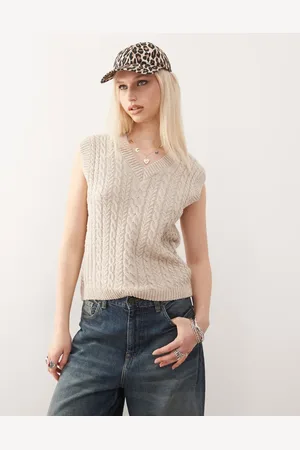 Reclaimed Havrefarvet tanktop i patent-kabelstrik-Neutral