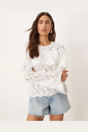 Gina Tricot Vintage-hvid top med lange ærmer, bølgekant og kappedetalje i jersey