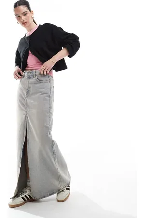 Dr Denim Myra - Midinederdel med slids foran i denim i lyseblå vintage-vask