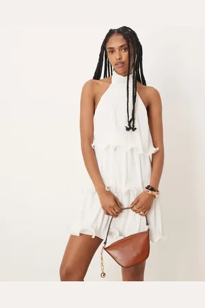 Gina Tricot Offwhite minikjole med halterneck og bølgekanter-Hvid