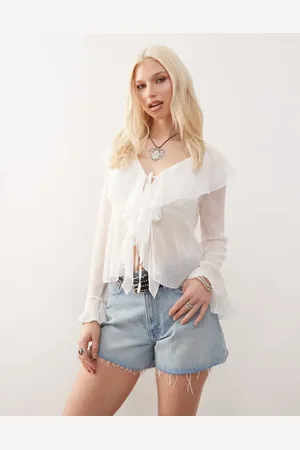 Reclaimed Hvid boho-bluse med flæser og bindebånd foran