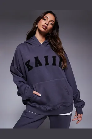 Kaiia Oversized hættetrøje med logo i mørkegrå - Del af sæt