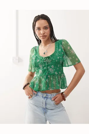 Reclaimed Grøn tea-bluse med blondekrave og blomsterprint