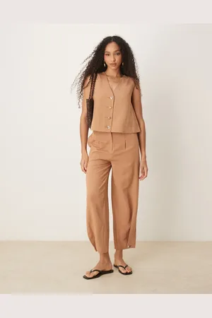 ASOS Gyldenbrune skræddersyede bukser med multifunktionel kant med knapper i hør - Del af sæt
