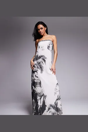 Murci Hvid trapez-maxikjole i chiffon med bandeau-snit og sort palmeprint - Kun hos ASOS
