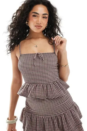 Miss Selfridge Overdel i krølstof med gingham-tern og flæser i støvet pink-Multifarvet