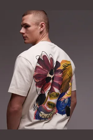 Topman Ecrufarvet oversized T-shirt med abstrakt blomsterprint foran og bagpå-Hvid