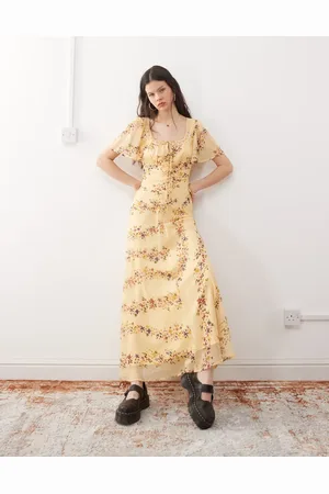 Reclaimed Gul maxi-tea-kjole med blonder og småt blomstermønster