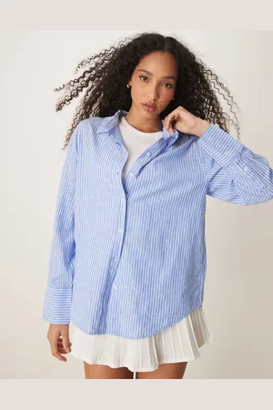 Gina Tricot Marineblå og hvid stribet skjorte i hørblandingsmateriale med oversized pasform