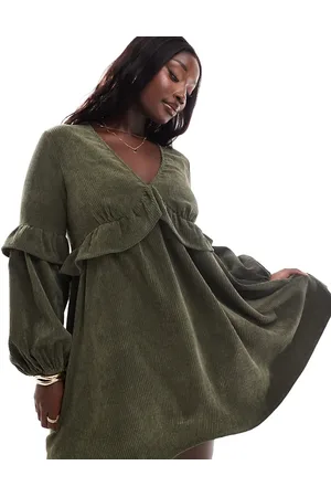 ASOS ASOS DESIGN Curve - Olivengrøn smock-minikjole med flæsedetalje i fløjl