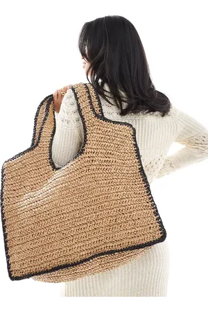 ASOS Neutralfarvet oversized tote-taske i hæklet strå med kontrasterende kantdetaljer-Grøn