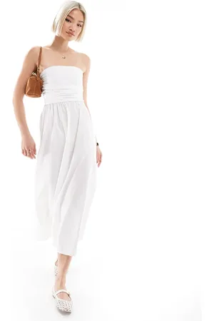 Pull&Bear Midaxi-kjole med rynket detalje og bandeau-snit i poplin