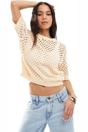 Brave Soul Ferskenfarvet hæklet T-shirt med rund hals