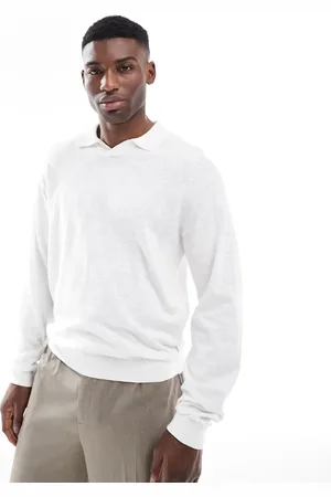 JACK & JONES Hvid strikket poloskjorte med nistret tekstur og lange ærmer