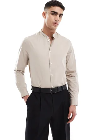 ASOS Mørk beige formel skjorte med grandad-krave i regular fit-Neutral