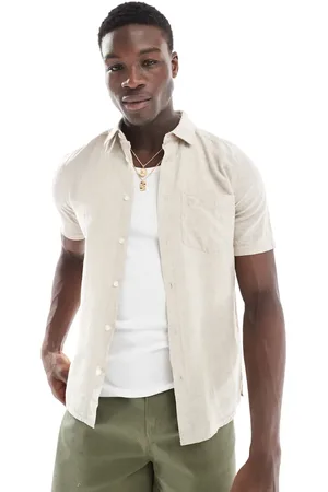 Only & Sons Beige skjorte med korte ærmer i hørblanding i regular fit-Sort
