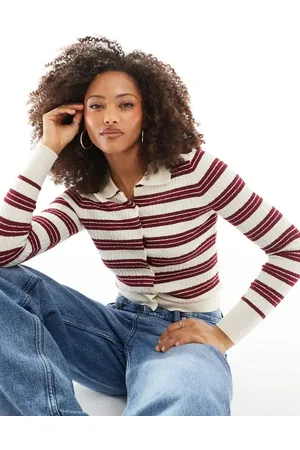 Cotton On Cotton On - Jerseypolo med mørkerøde striber og knapper i collegestil-Hvid