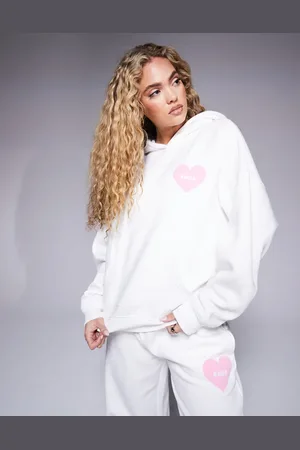 Kaiia Cremehvid oversized hættetrøje med hjerteprint - Del af sæt