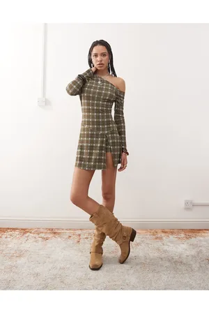 Reclaimed Tætsiddende skort-minikjole med lange ærmer og tern