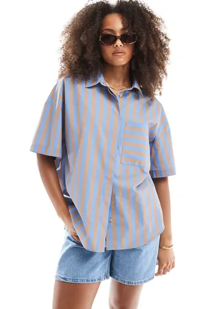 ASOS Blå- og brun-stribet, kortærmet og oversized skjorte-Multifarvet