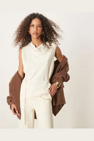 ASOS Kærnemælksgul skræddersyet ærmeløs top med draperinger og vandfaldsudskæringi hørlook - Del af sæt-Neutral