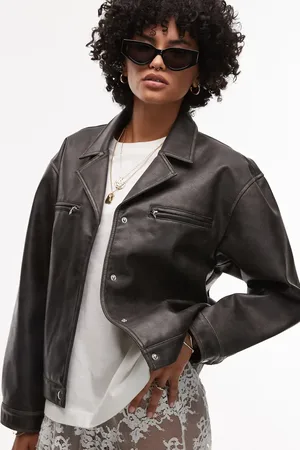 Topshop Cropped dunjakke med knapper i imiteret læder
