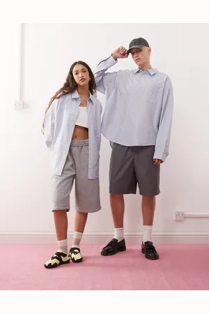 COLLUSION Unisex - Blå oversized skjorte med tern-Hvid