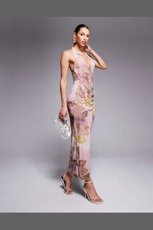 ASOS Midikjole med halterneck, draperet skærfnederdel og pastelfarvet blomstermønster i mesh-Multifarvet