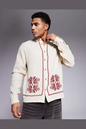 ASOS Tekstureret skjorte med kantprint i firkantet pasform-Neutral