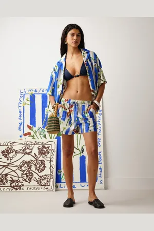 Topshop Bradley.B - Højtaljede shorts med striber og blomstermønster i hør - Del af sæt