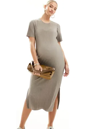 Mama;licious Mamalicious Maternity - Kortærmet, plisseret og gråbrun midikjole-Neutral