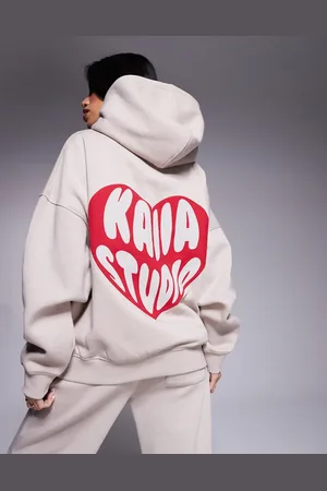 Kaiia Beige og rød oversized hættetrøje med hjertelogo - Del af sæt-Neutral