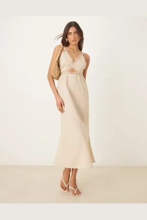 Never Fully Dressed Mimi - Beige midaxi-kjole i hørblanding med udskæring-Neutral