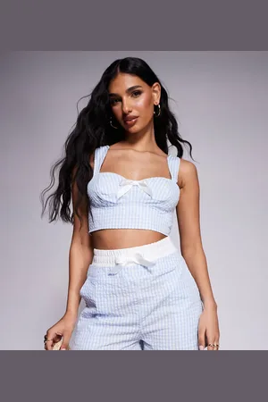 Kaiia Blå shorts med sløjfedetalje og gingham-tern i bæk-og-bølge-stof i boksershortsstil - Kun hos ASOS
