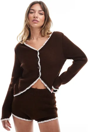 Miss Selfridge Chokoladebrun cardigan med blondekant - Del af sæt-Lyserød