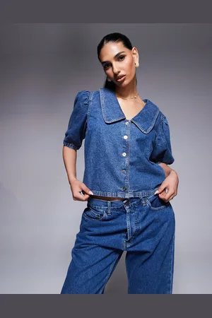 River Island Blå denimtop med pufærmer