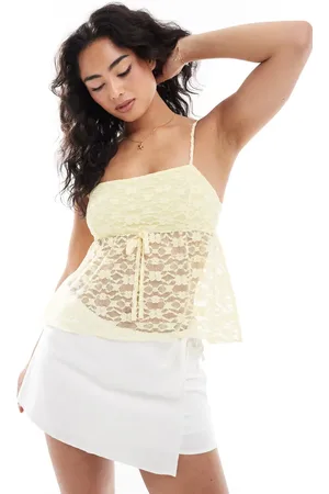 Miss Selfridge Kærnemælksgul babydoll-cami med sløjfedetalje og blonder-Hvid