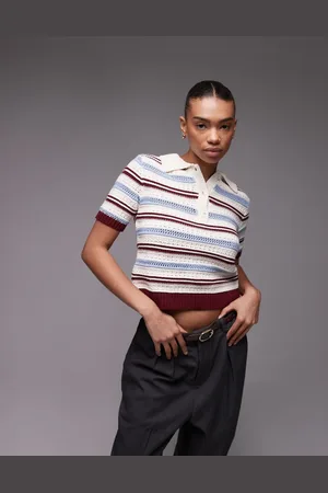 Topshop Strikket polotop med hæklede detaljer og bordeaux, blå og beige striber