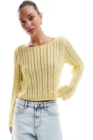 Pieces® Banangul strikket croptop med hæklede striber