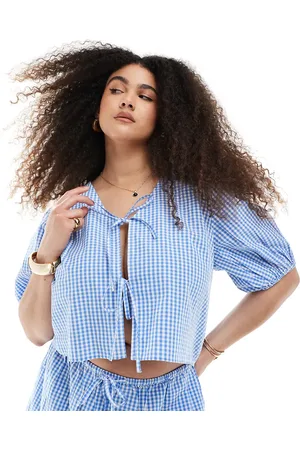 Esmée Esmée Curve - strandtop med pufærmer, bindebånd foran og gingham-tern - Kun hos ASOS-Multifarvet