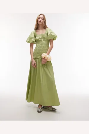 Topshop Midikjole med smocksyninger, pufærmer og firkantet hals