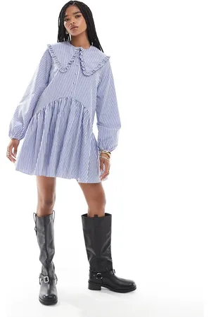 Miss Selfridge Blå smock-kjole med oversized krave og striber