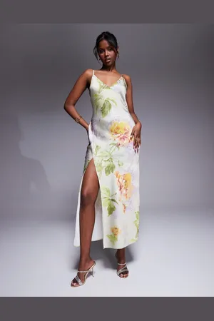 ASOS Grøn midaxi-kjole med V-hals, sømdetaljer, slids og blomstermønster i satin